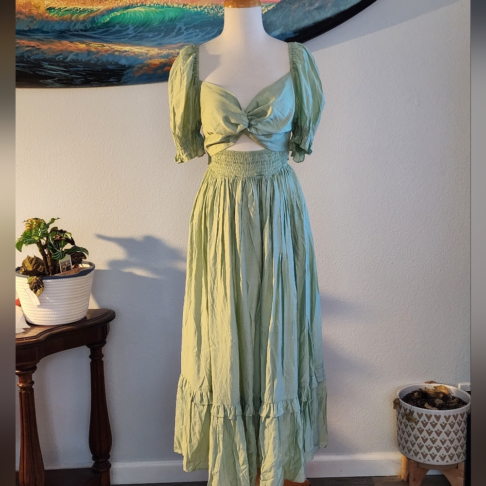 Womens Green Maxi Puff Short Sleeve Tiered Dress Cut Out Mable Size M